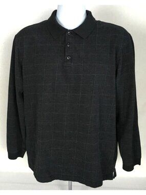Haggar Long Sleeve Polo Shirt Size L Back with Light Gray Thin Squares Buttons
